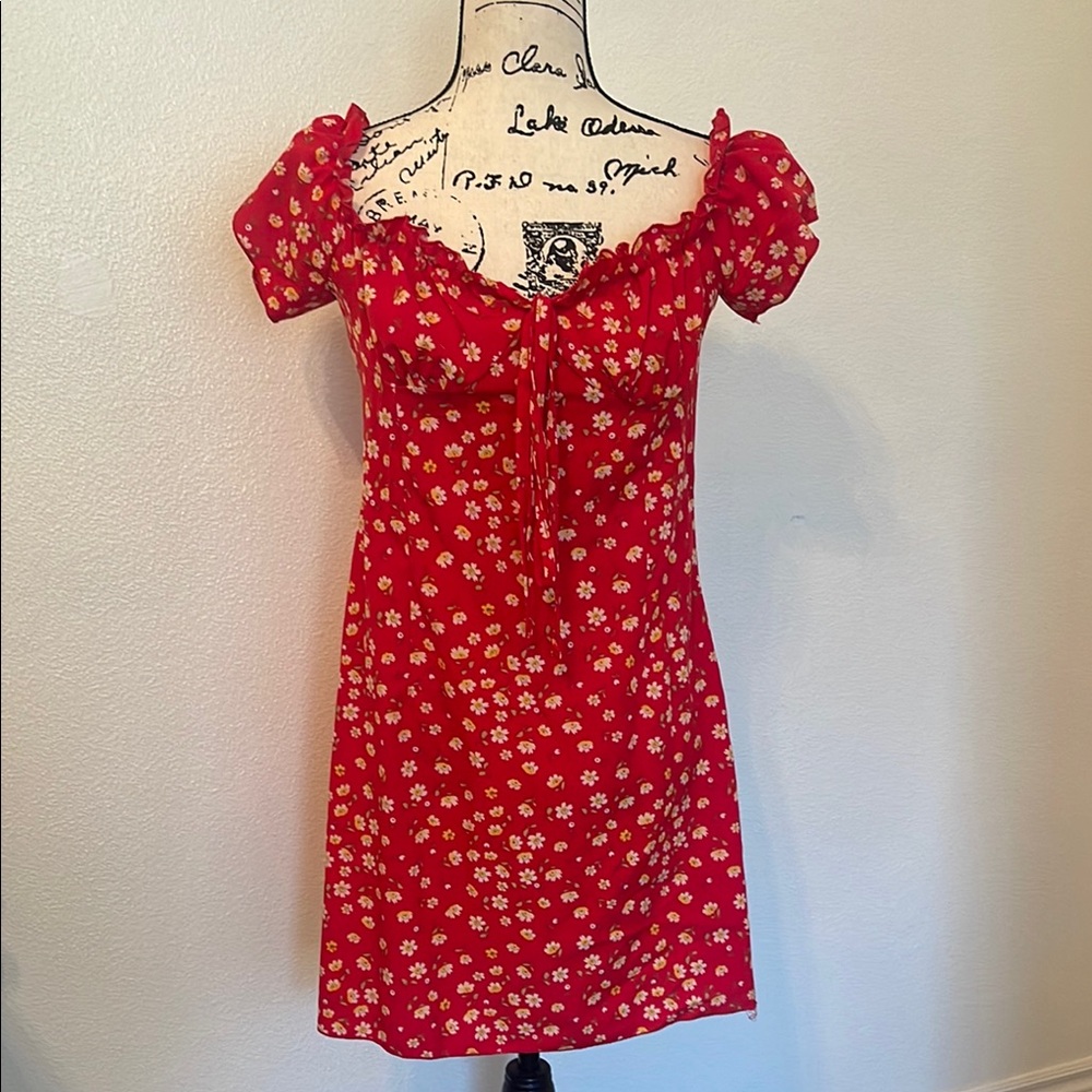 SHEIN Red Ruched Mini Sundress with Puff Sleeves